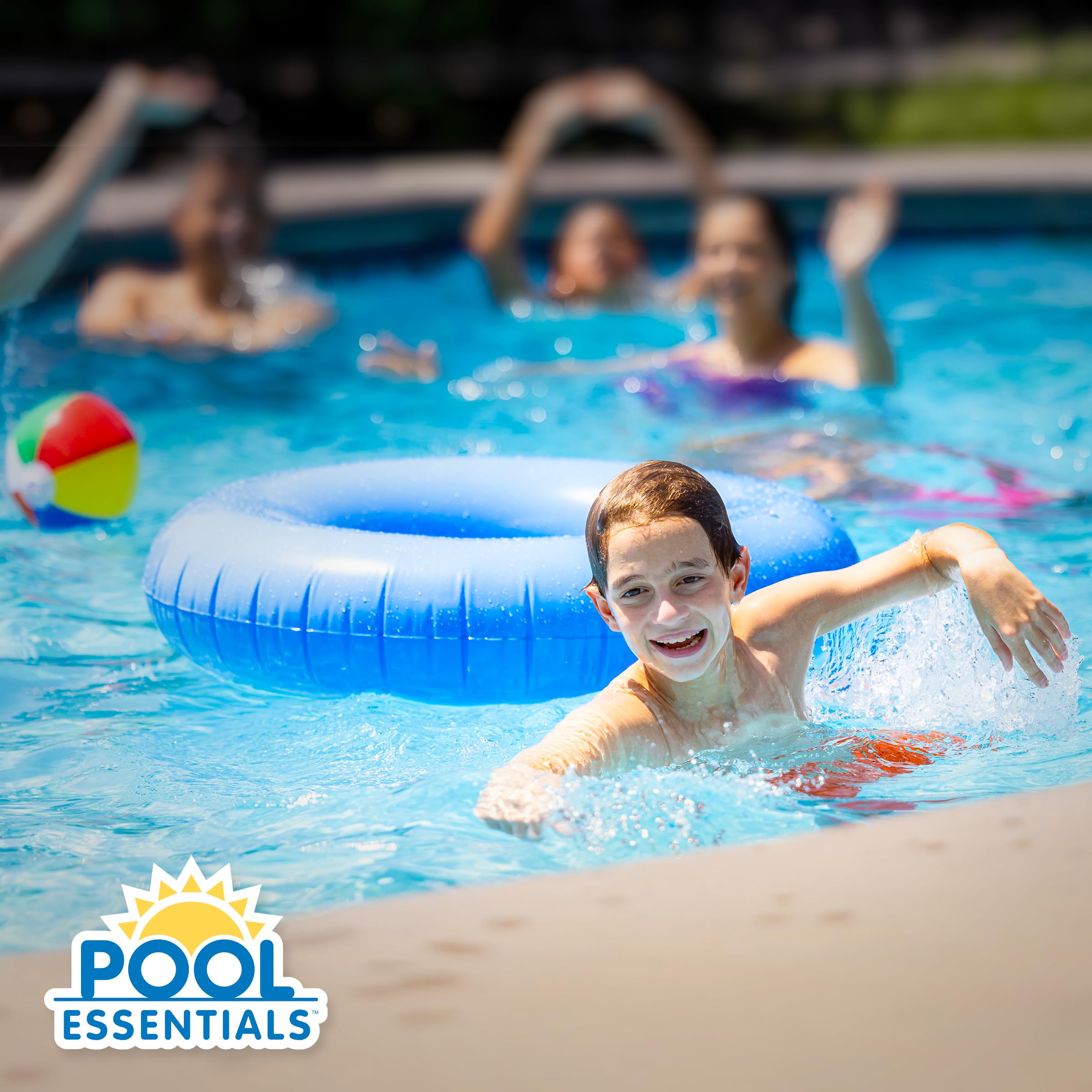 Pool Essentials etiqueta del producto con instrucciones y beneficio de uso informado