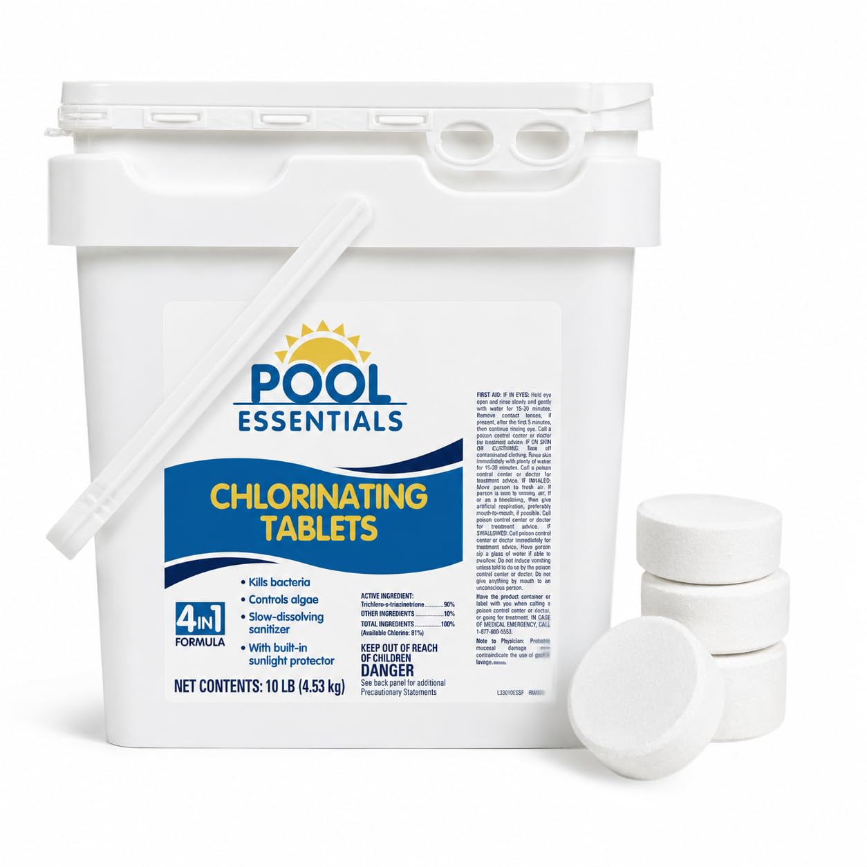 Pool Essentials frente de cubeta 10 lb mostrando el envase y beneficio de almacenamiento seguro
