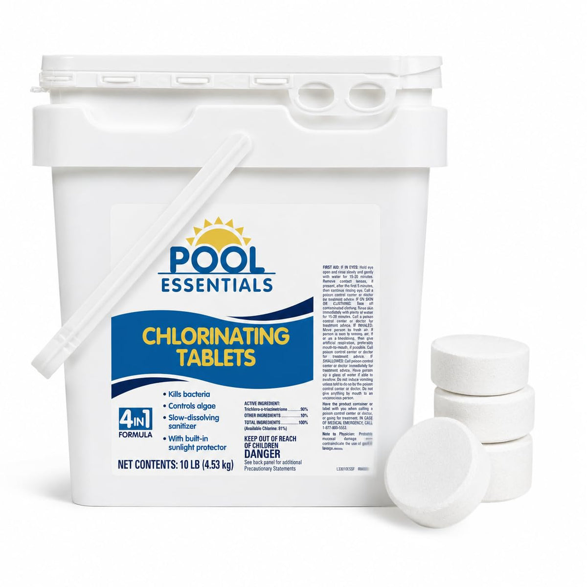 Pool Essentials frente de cubeta 10 lb mostrando el envase y beneficio de almacenamiento seguro