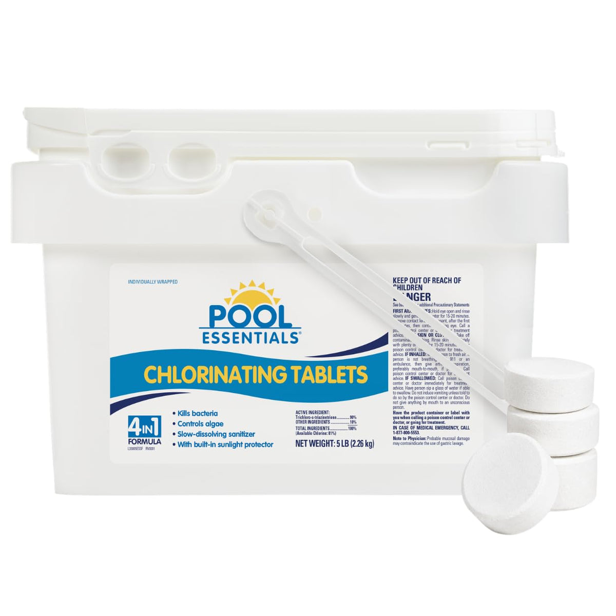 Pool Essentials frente del balde mostrando el envase y beneficio de almacenamiento seguro