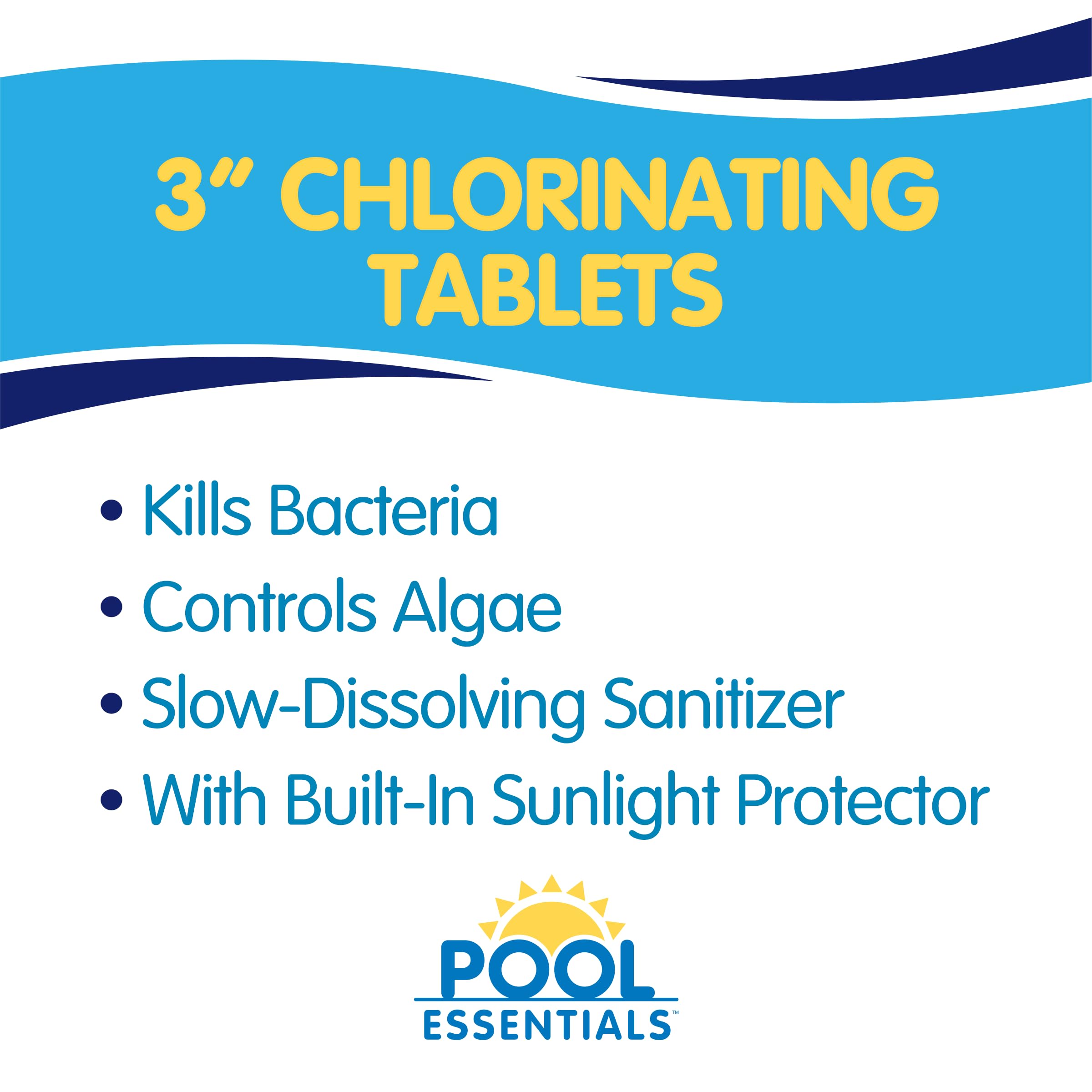 Pool Essentials tableta en primer plano que muestra textura y beneficio de disolución lenta