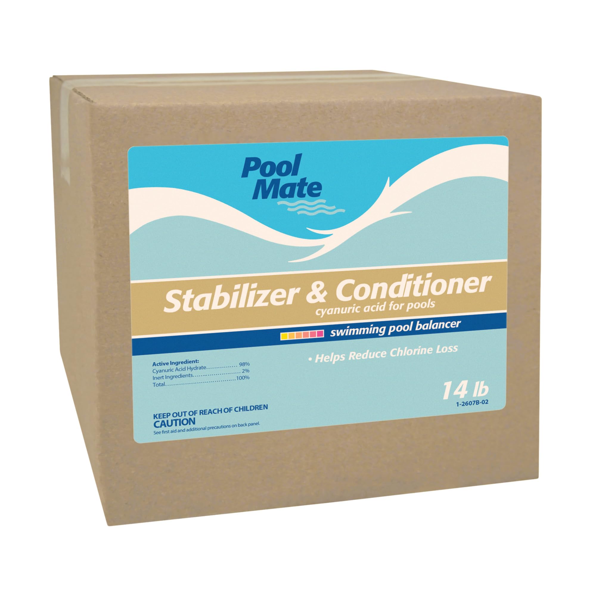 Pool Mate paquete frontal mostrando 14 libras y beneficio de protección del cloro