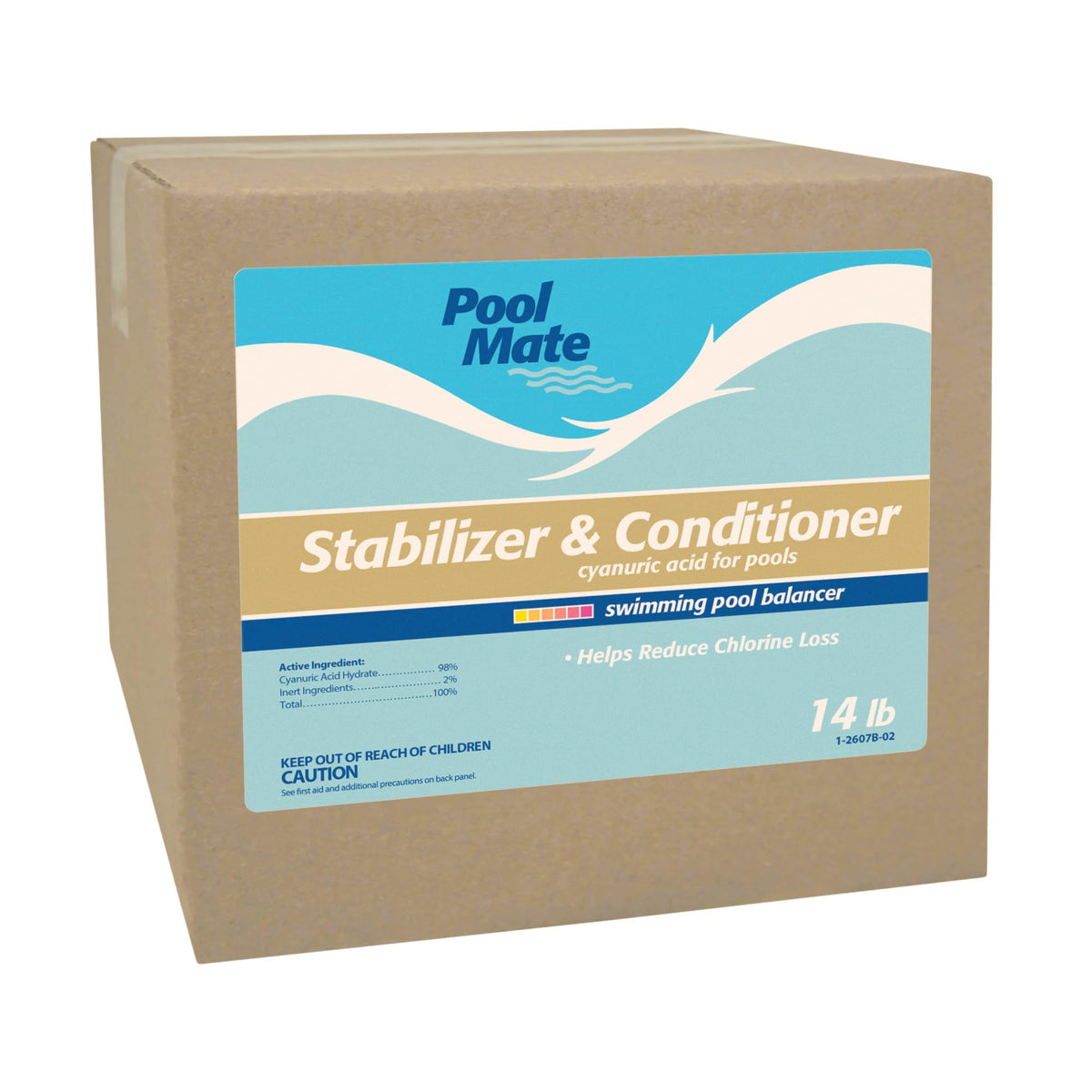 Pool Mate paquete frontal mostrando 14 libras y beneficio de protección del cloro