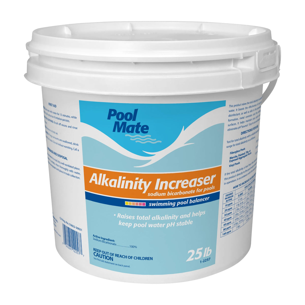 Pool Mate paquete frontal de 25 lb mostrando etiqueta y beneficio de estabilidad