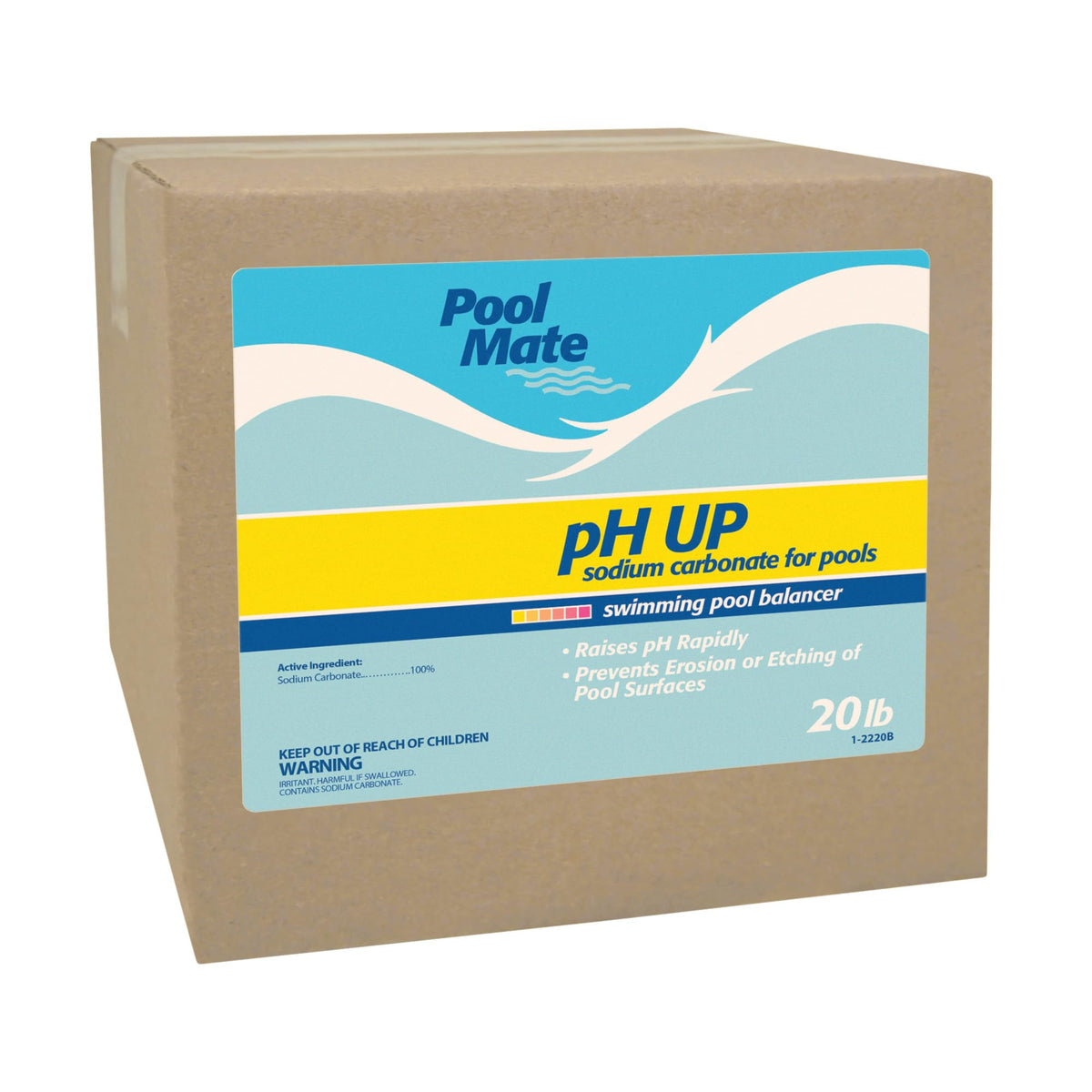 Pool Mate envase frontal de 20 lb mostrando etiqueta y beneficios