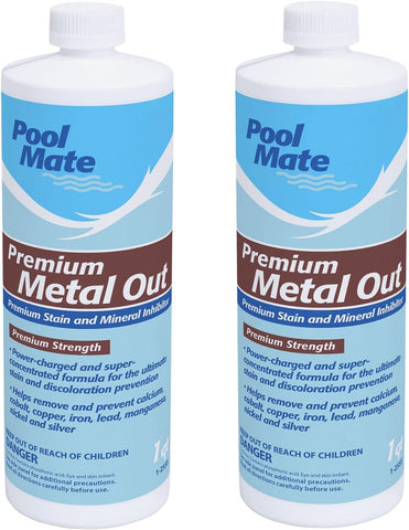 Pool Mate envase frontal del paquete doble mostrando tamaño y marca, beneficio control de manchas