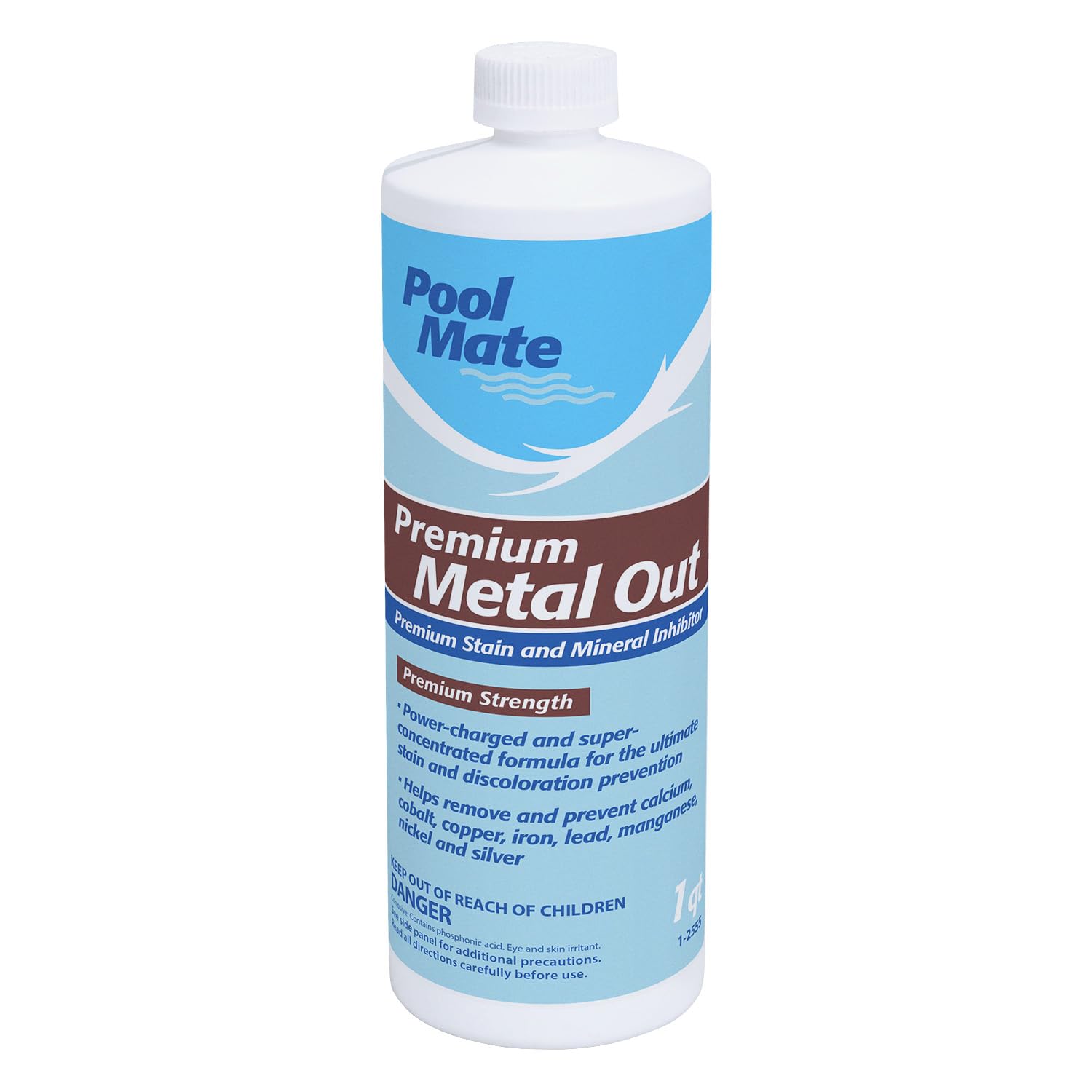 Pool Mate envase frontal mostrando etiqueta y volumen, protege contra manchas