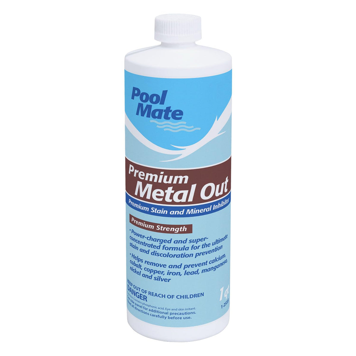 Pool Mate envase frontal mostrando etiqueta y volumen, protege contra manchas