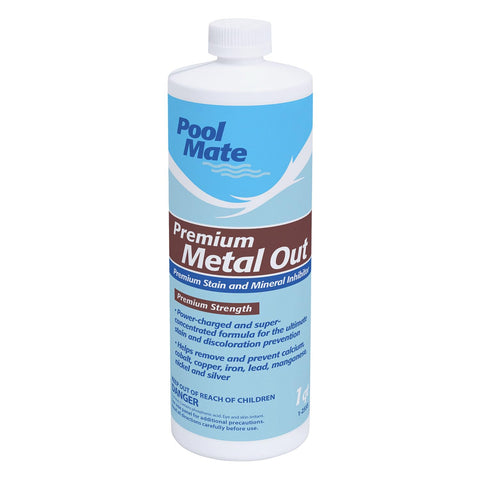 Pool Mate envase frontal mostrando etiqueta y volumen, protege contra manchas