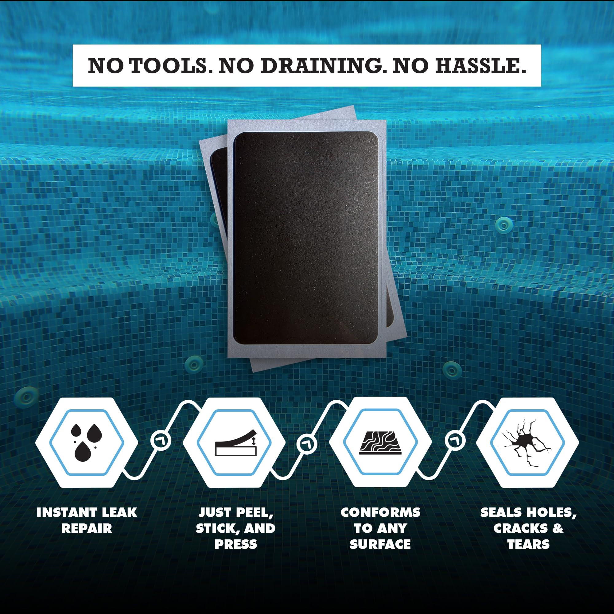 Pool Patch aplicando parche bajo agua, sello inmediato sin drenar