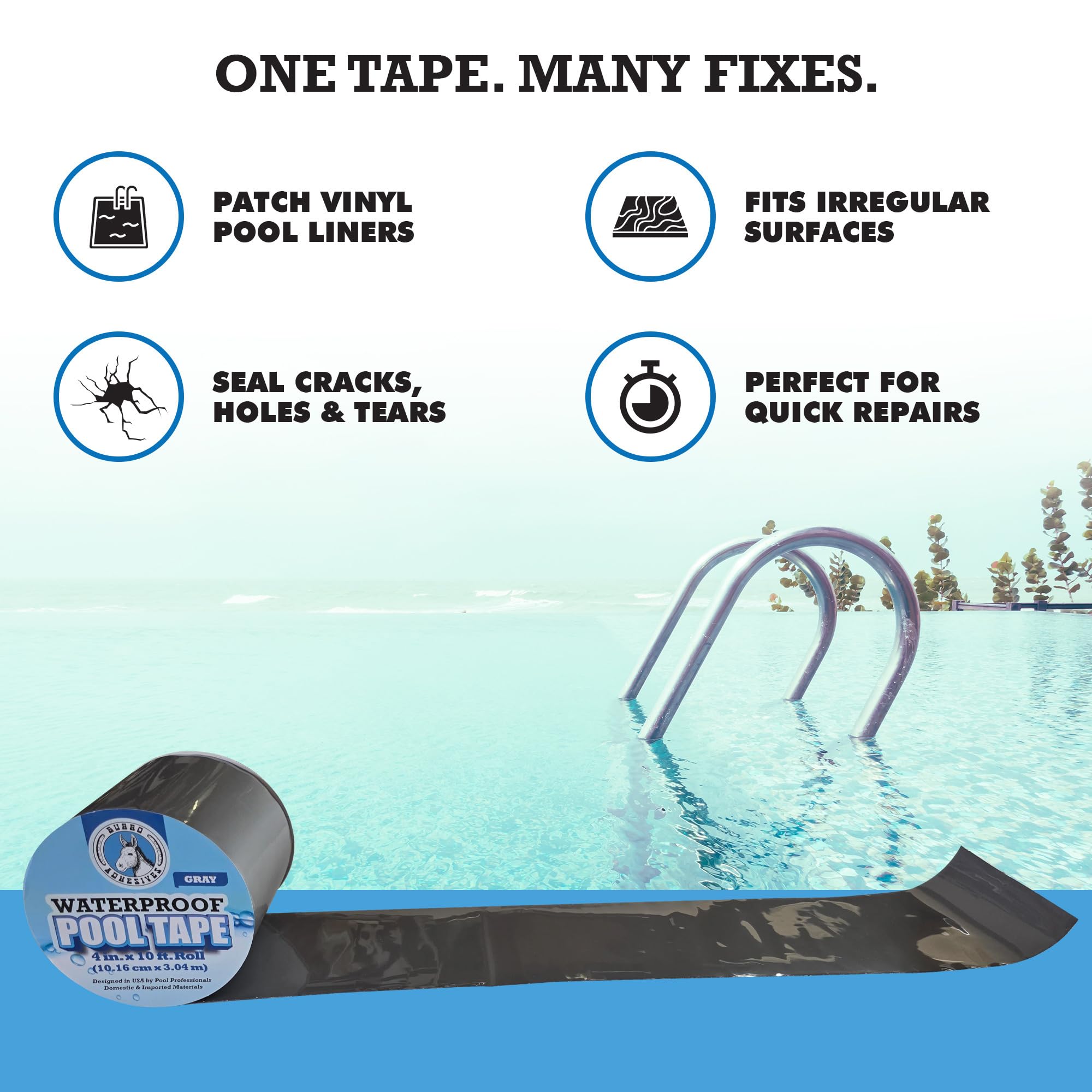 Pool Patch burro adhesives rollo junto a una regla para comparar tamaño y cobertura