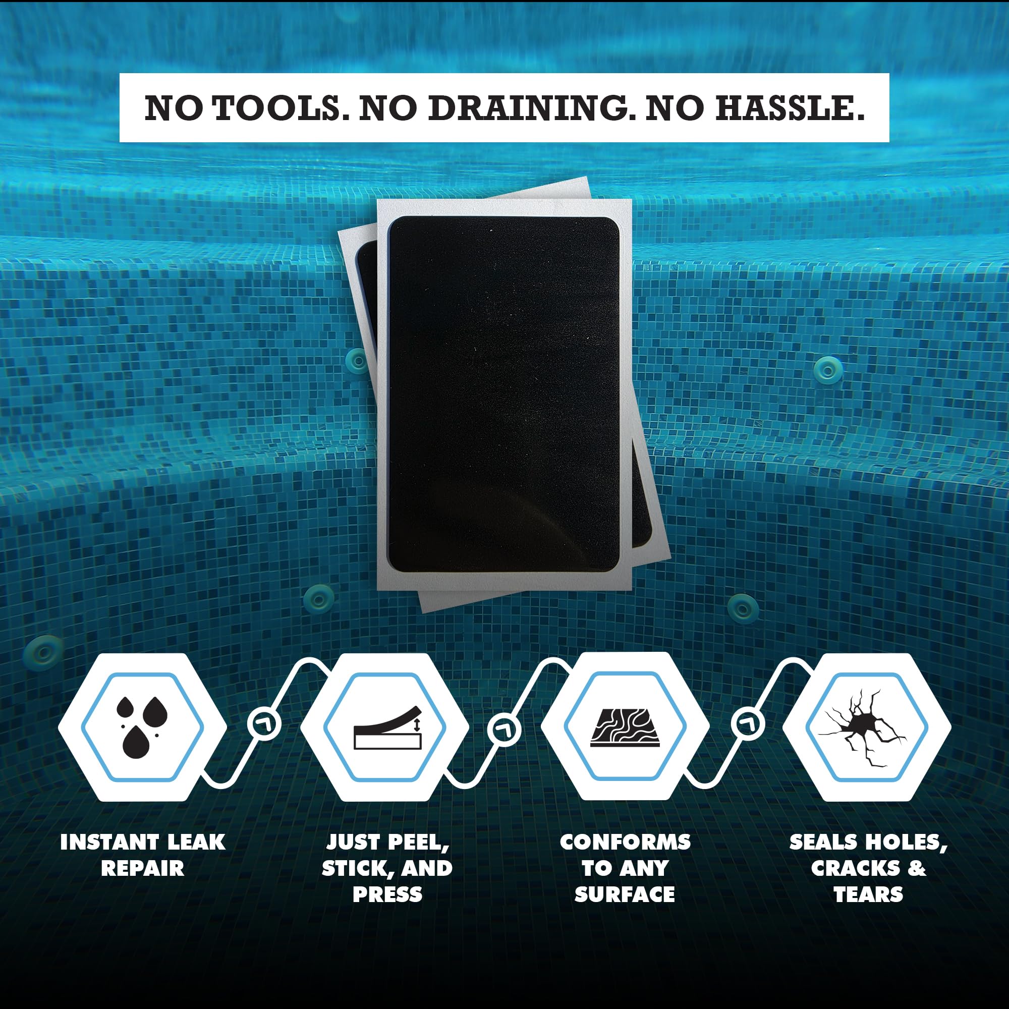Pool Patch parche aplicado bajo el agua sellando un agujero, reparación inmediata