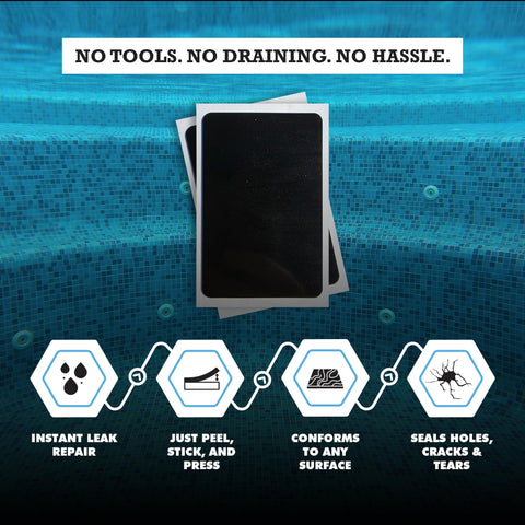 Pool Patch parche aplicado bajo el agua sellando un agujero, reparación inmediata