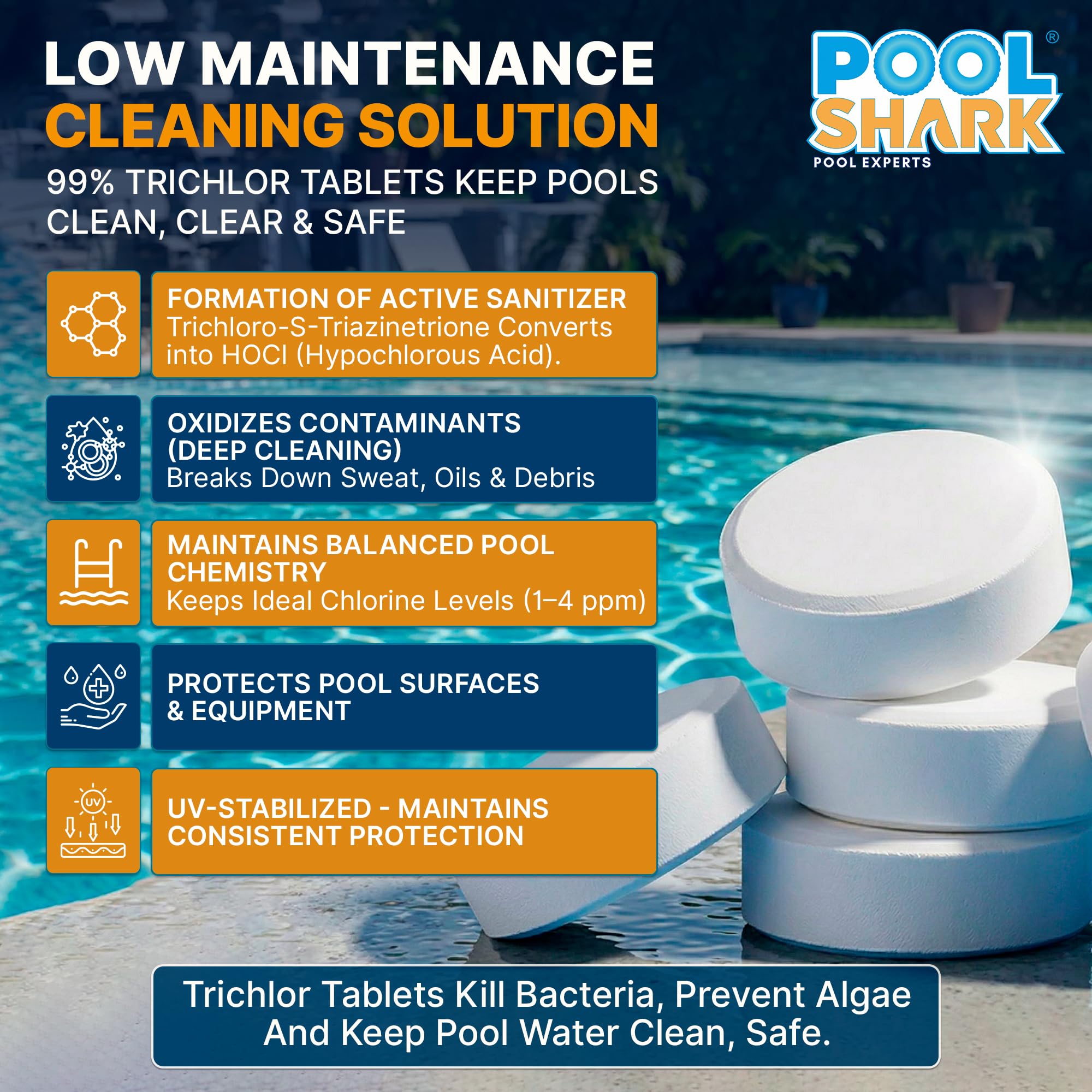 POOL SHARK tableta en skimmer demostrando compatibilidad y dosificación eficaz