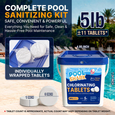 POOL SHARK tableta primer plano textura compacta beneficiando disolución lenta