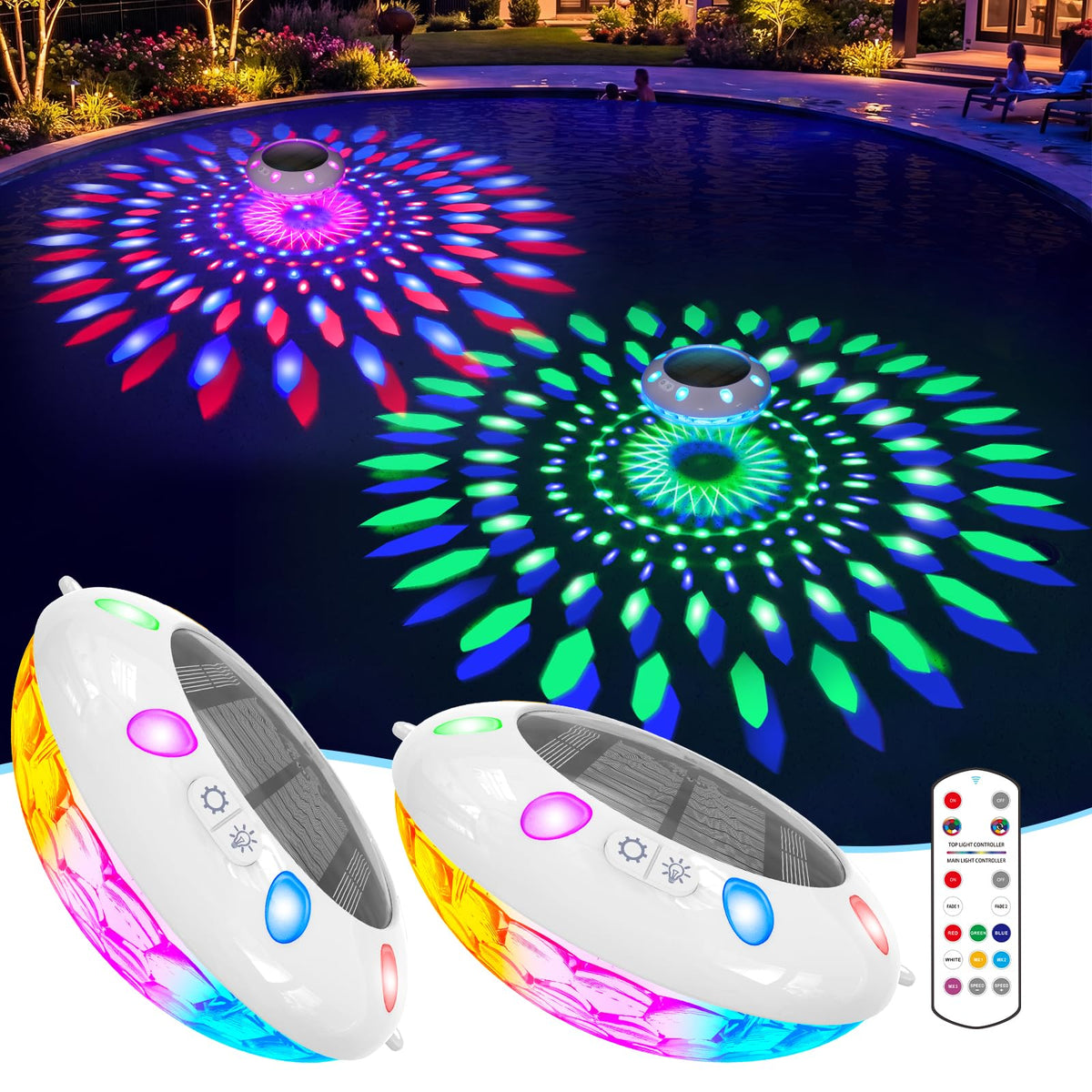 Pooldecor vista frontal de la luz flotante mostrando colores vibrantes y ambiente