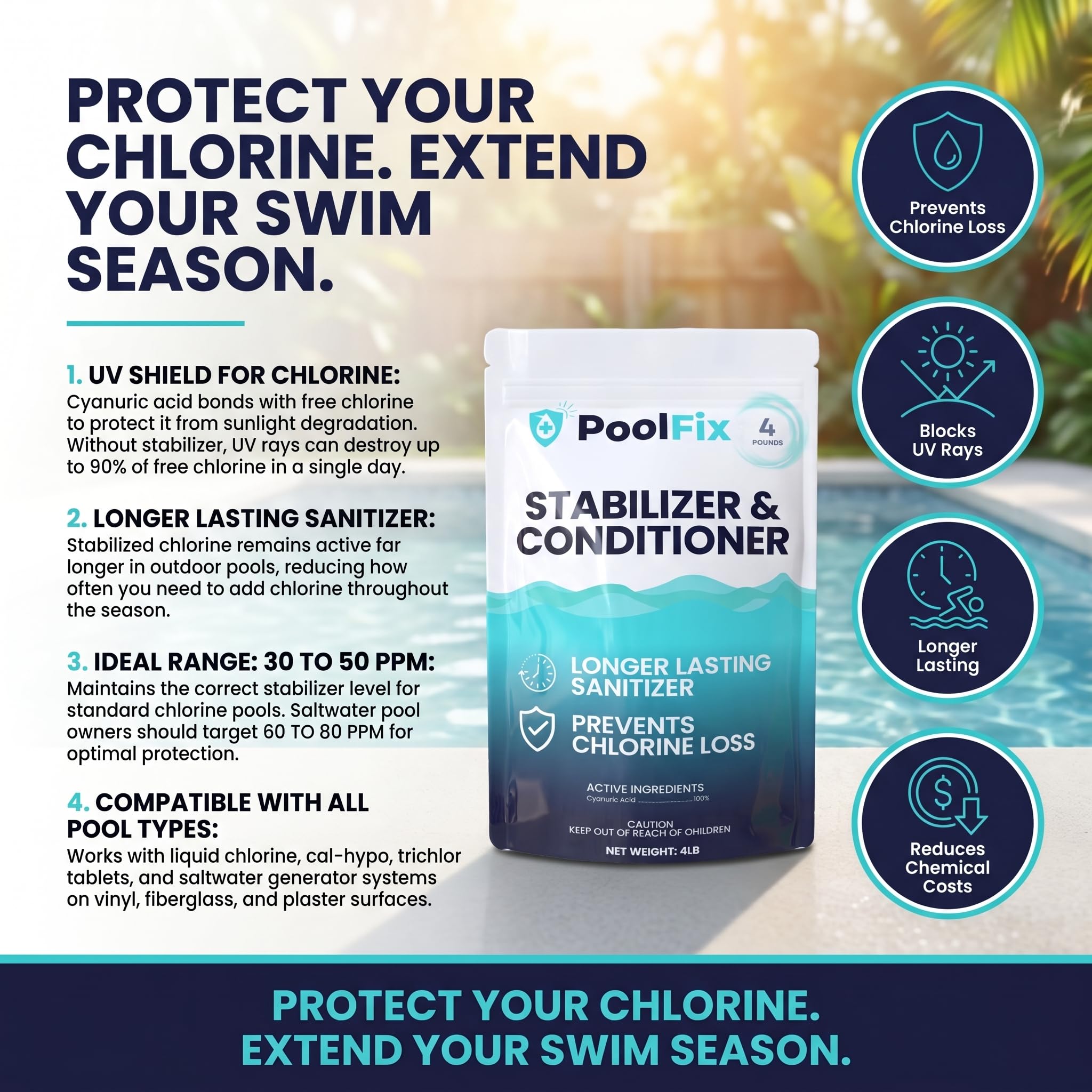 PoolFix bolsa junto a piscina para comparar tamaño y cantidad útil