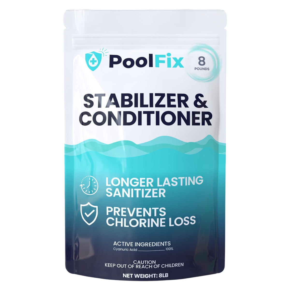PoolFix bolsa de 8 lb al frente mostrando el producto y etiqueta, facil almacenamiento