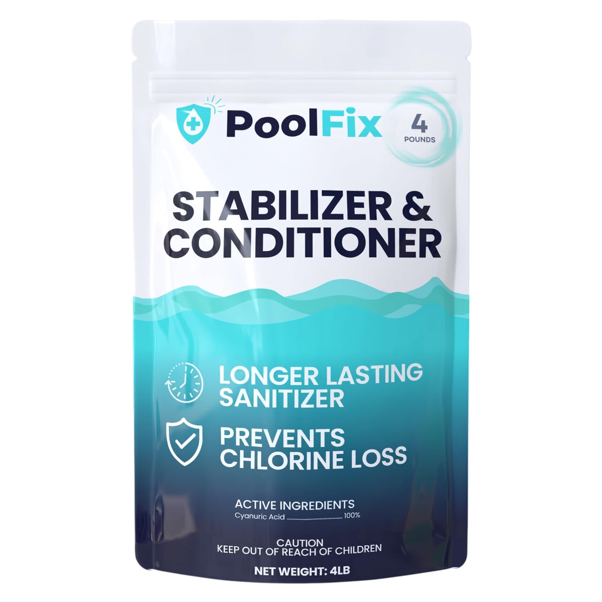 PoolFix frente del empaque mostrando bolsa y beneficio de protección de cloro
