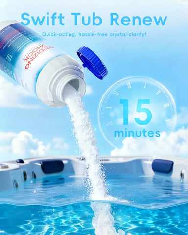 POOLHOUR detalle del polvo del oxidante que sugiere solubilidad y pureza