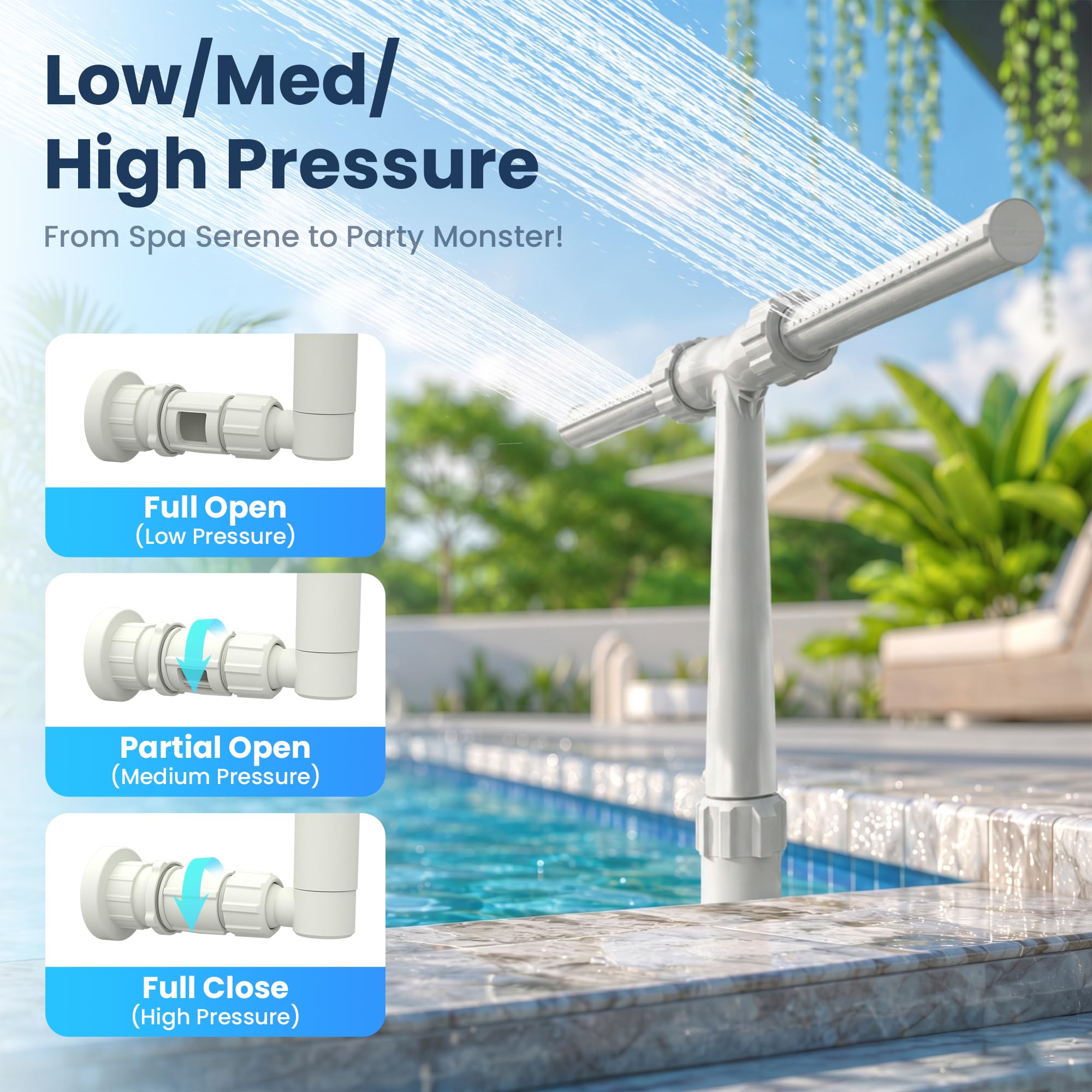 POOLJOYO instalado en piscina enterrada con cascada refrescante y ambiente
