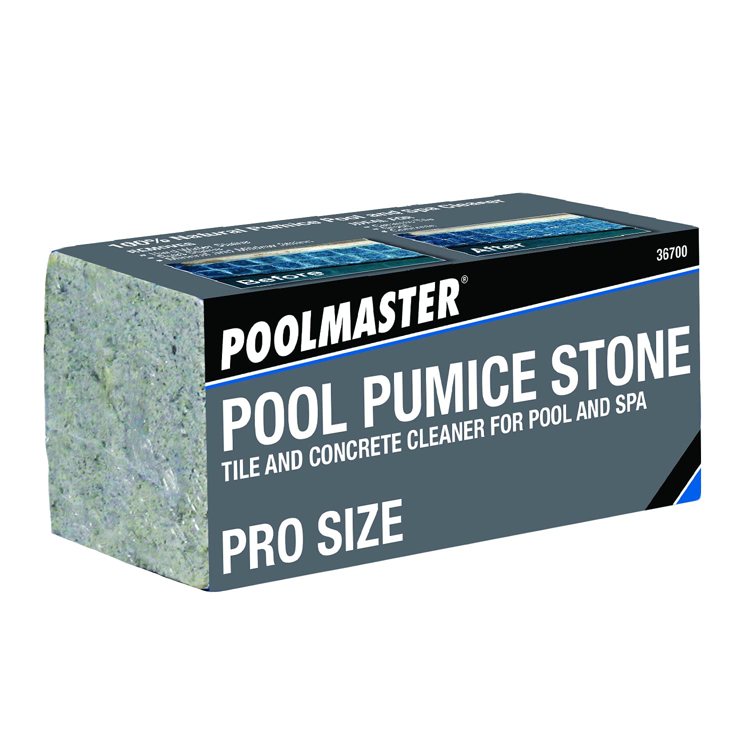 Poolmaster piedra pómez frente del producto mostrando tamaño y uso rápido