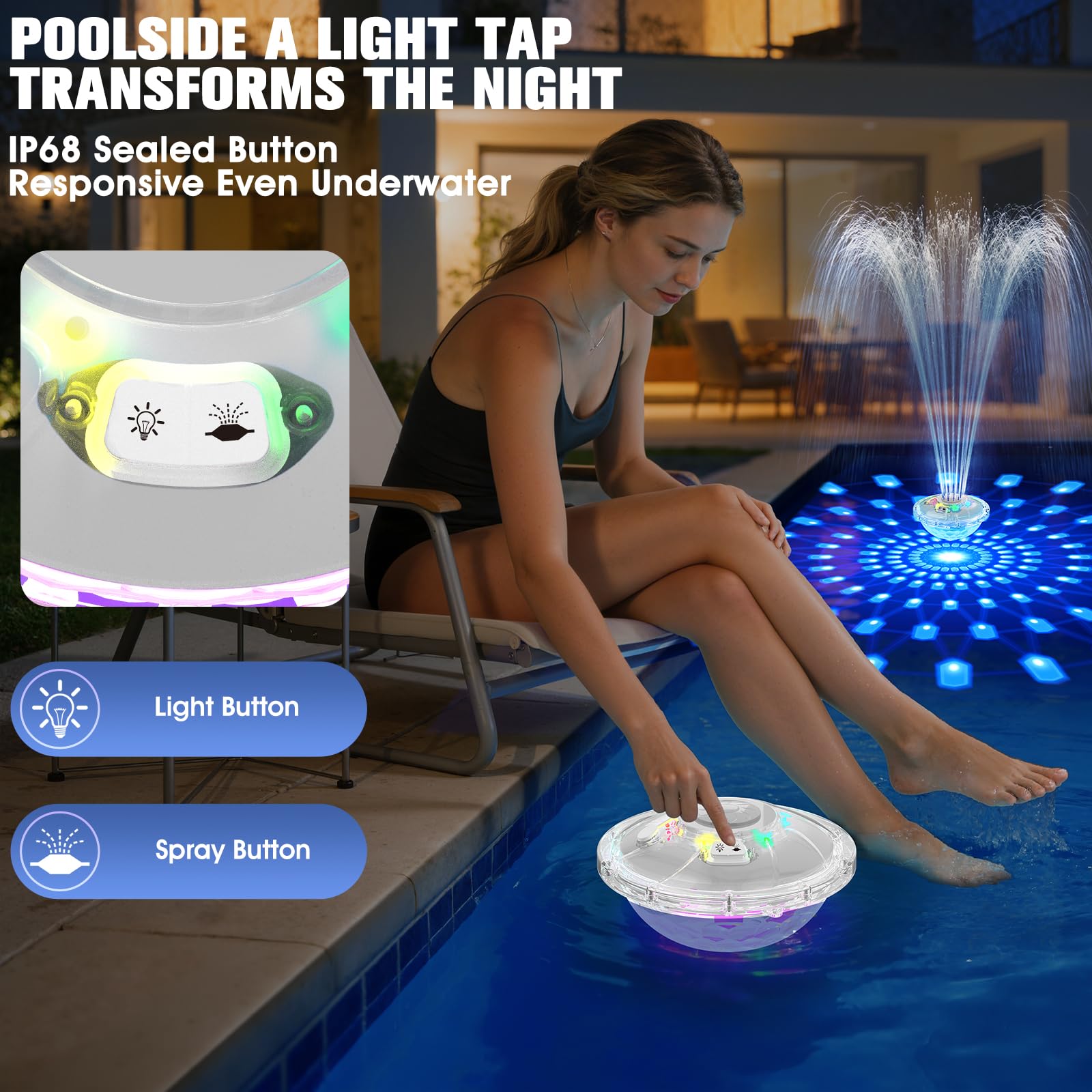 PoolPop luces LED multicolor creando ambiente nocturno atractivo en piscina