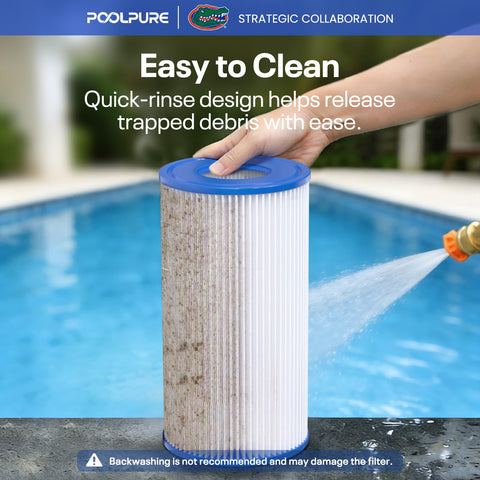 POOLPURE cartucho siendo enjuagado, limpieza rápida que reduce mantenimiento