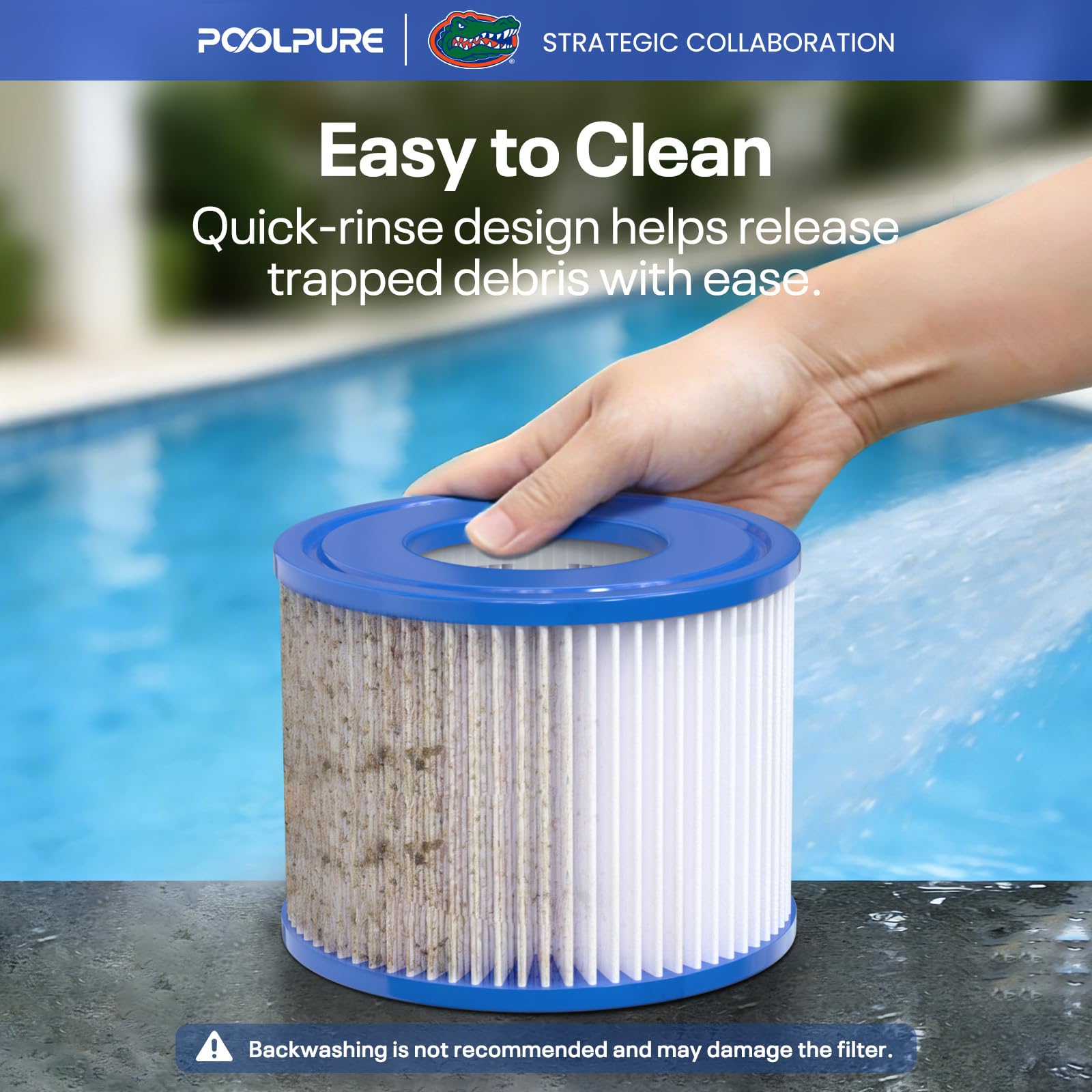 POOLPURE enjuague del cartucho con manguera facilitando la limpieza mensual
