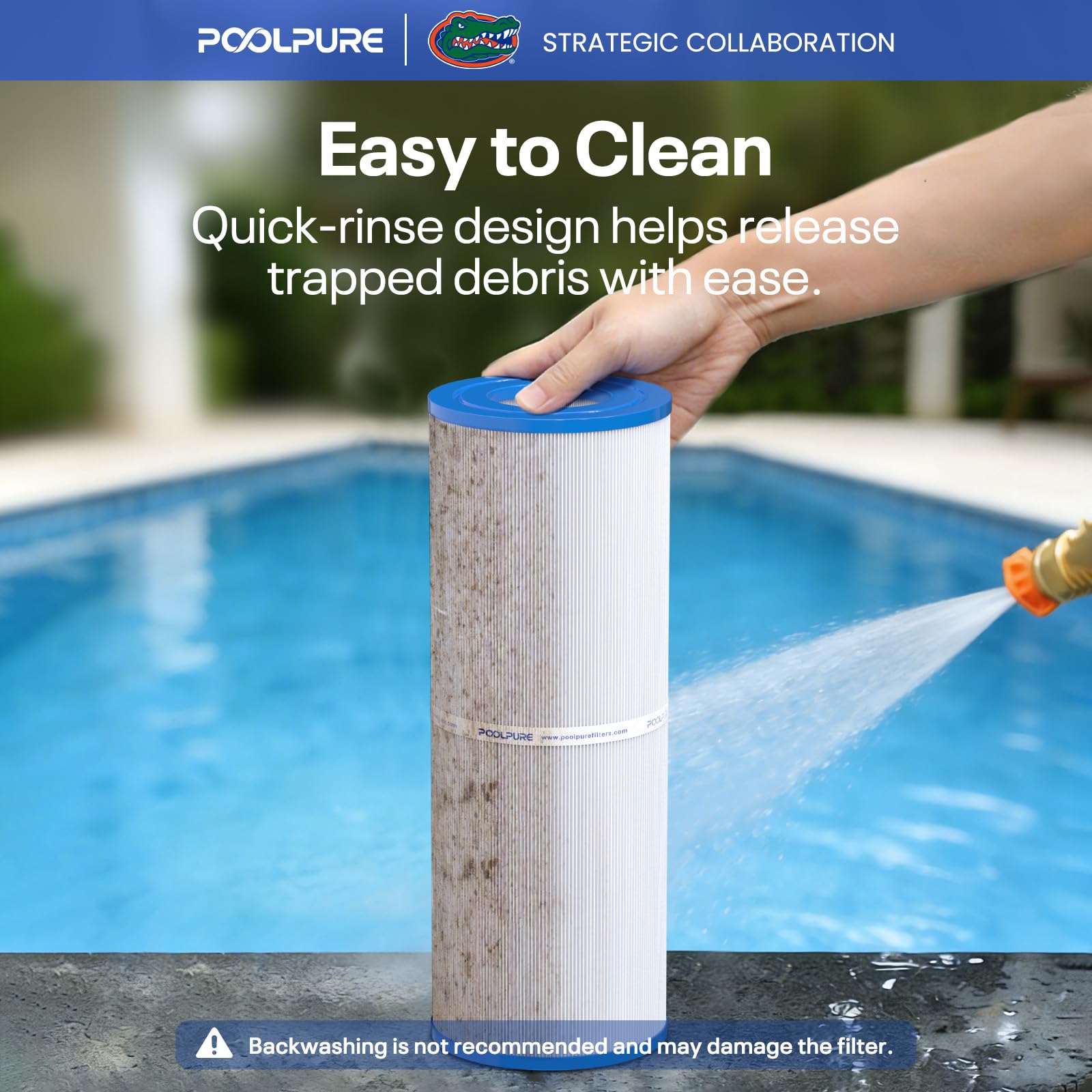POOLPURE filtro junto a piscina real para contexto de uso