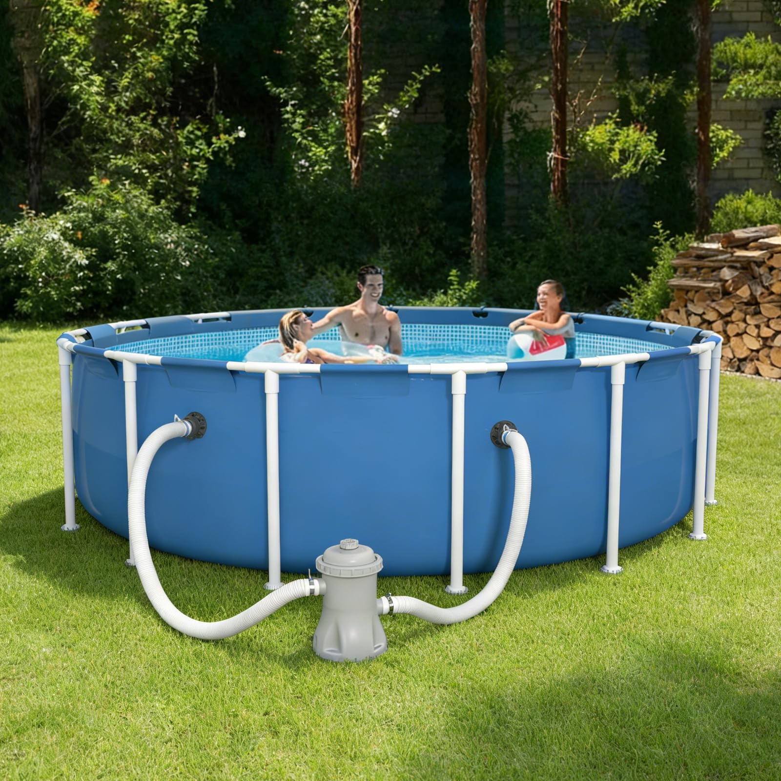 Poolvio manguera colocada en piscina en jardín, instalación rápida y resistente al sol