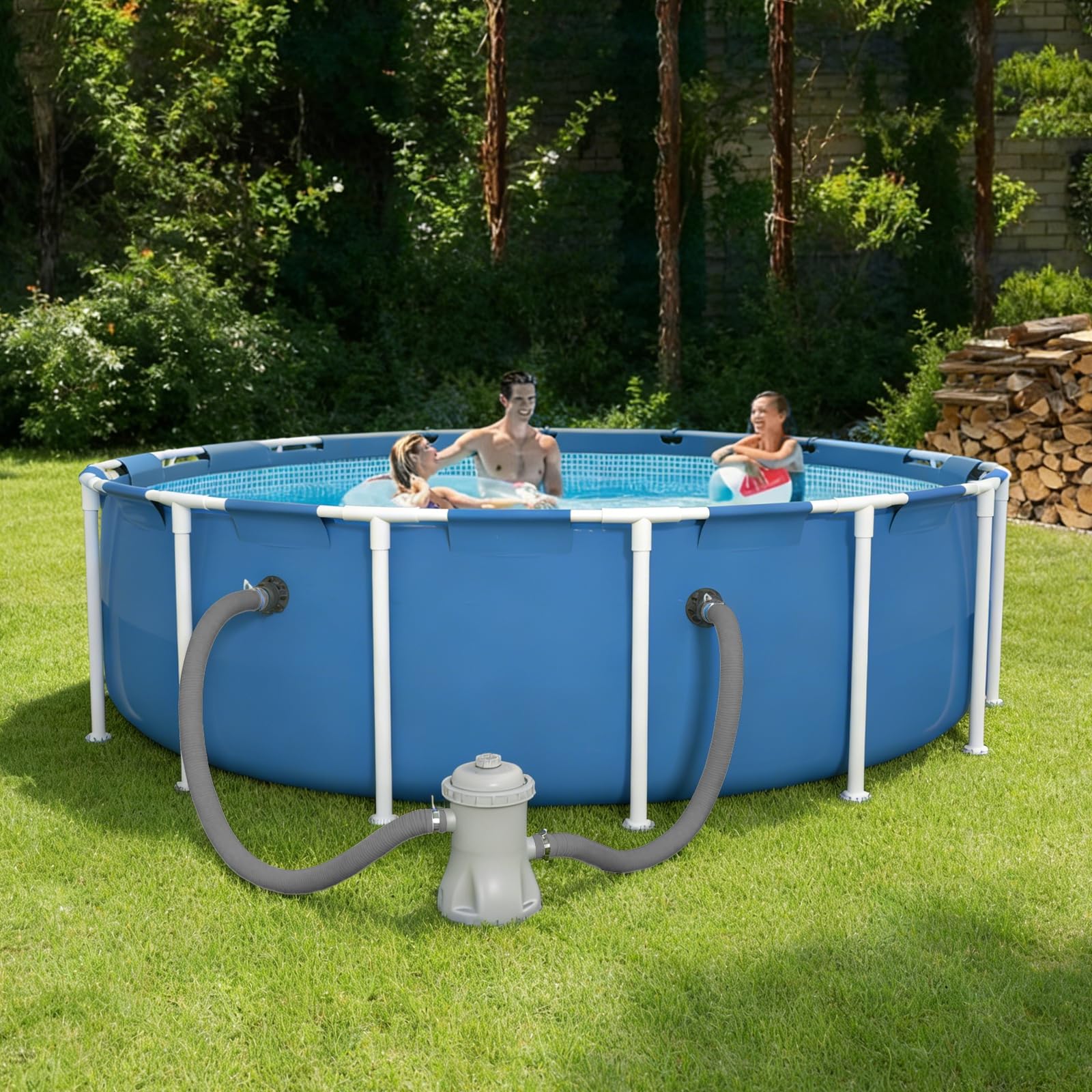 Poolvio manguera instalada en piscina elevada en jardín, durabilidad y aspecto profesional