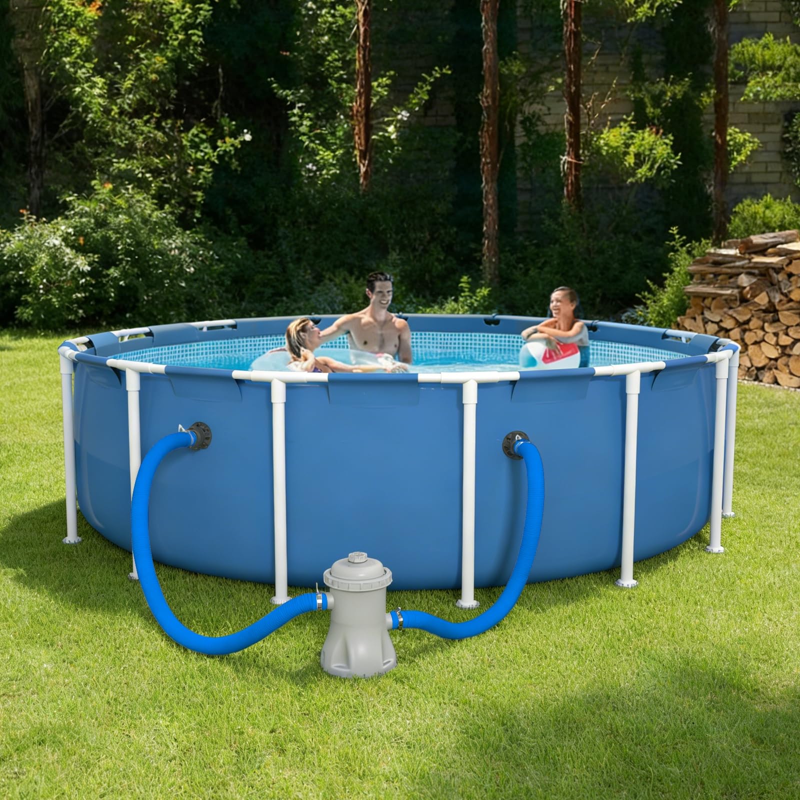 Poolvio manguera instalada en piscina desmontable en entorno exterior seguro