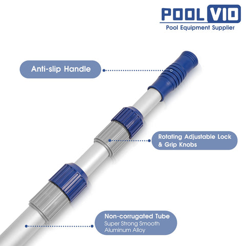 Poolvio palo extendido junto a piscina demostrando máximo alcance