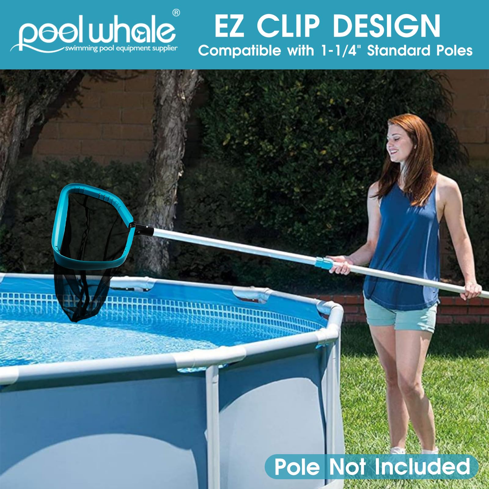 POOLWHALE comparación de tamaño junto a una mano mostrando la capacidad real