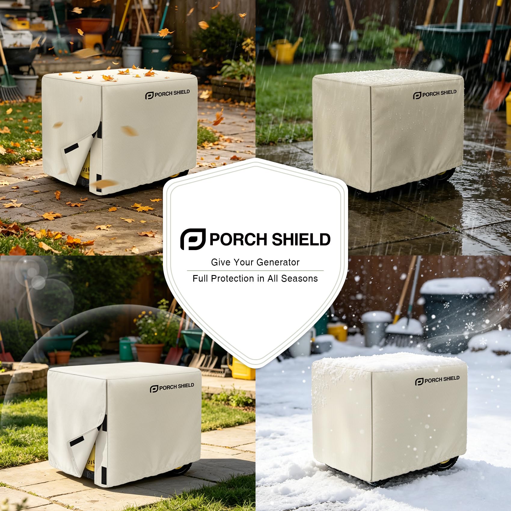 Porch Shield funda protegiendo generador bajo lluvia demostrando impermeabilidad