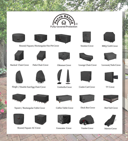 Porch Shield escena de patio nocturno con funda protegiendo mobiliario exterior