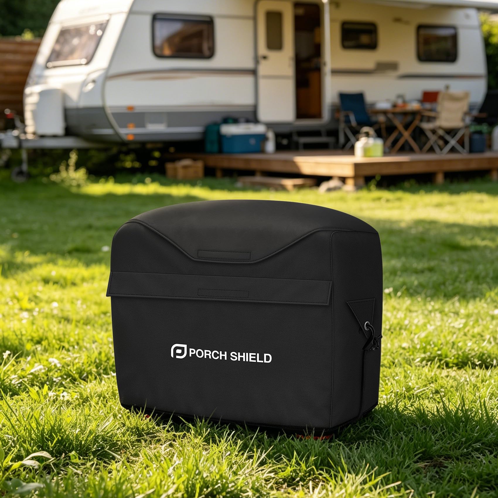Porch Shield funda junto a caja para comparar tamaño y ajuste