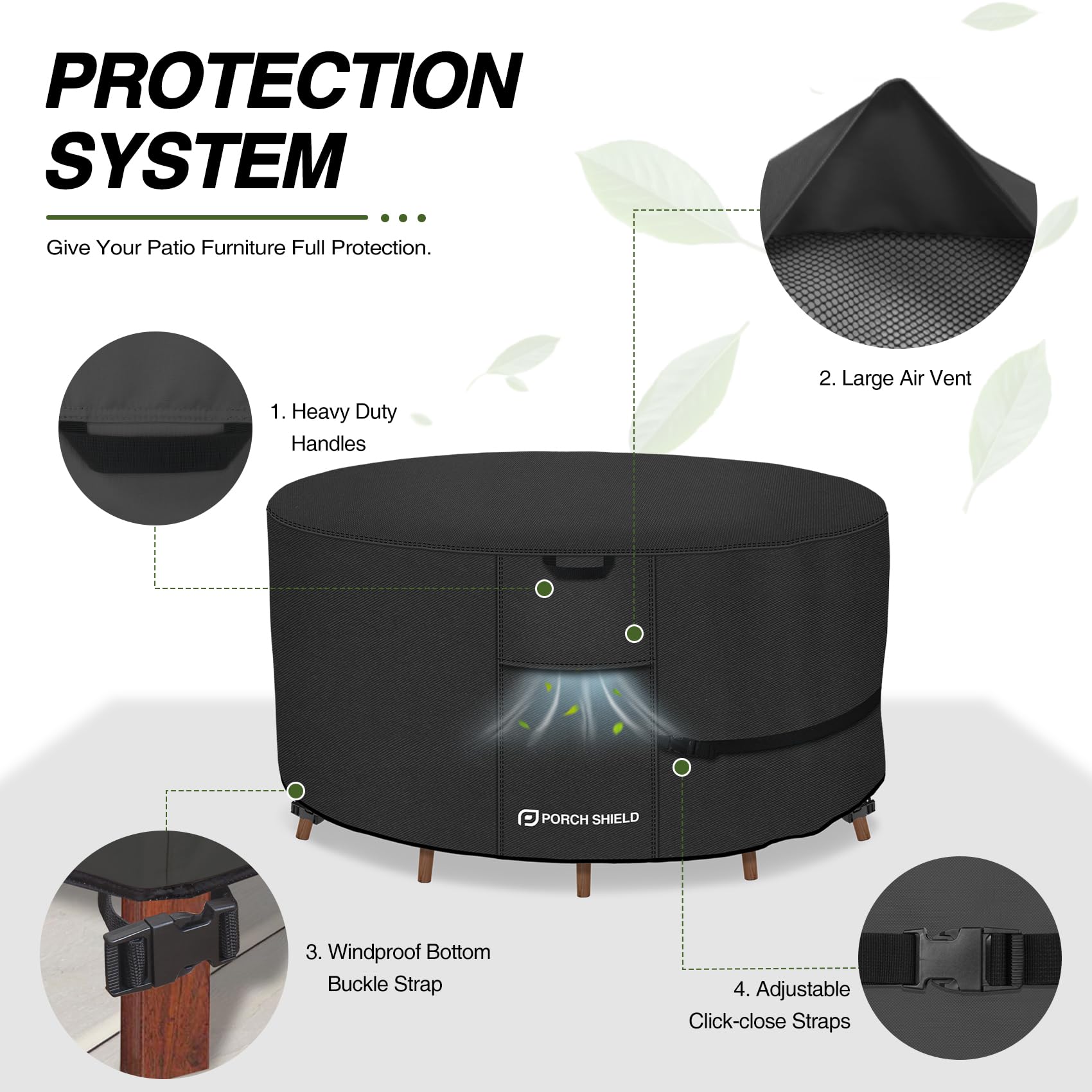 Porch Shield correas con cierre clic que aseguran la funda contra el viento