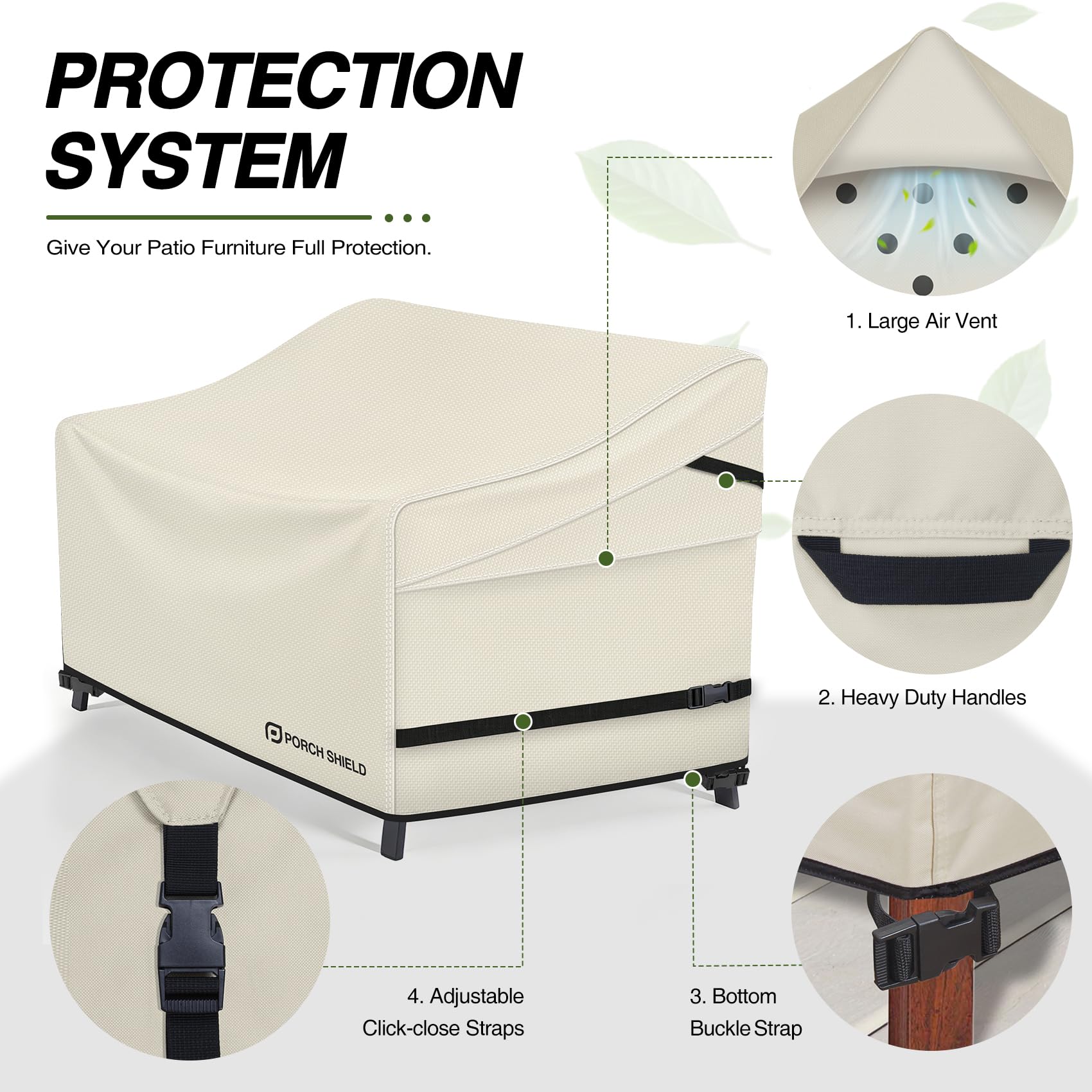 Porch Shield correas inferiores y hebillas asegurando la funda contra viento fuerte