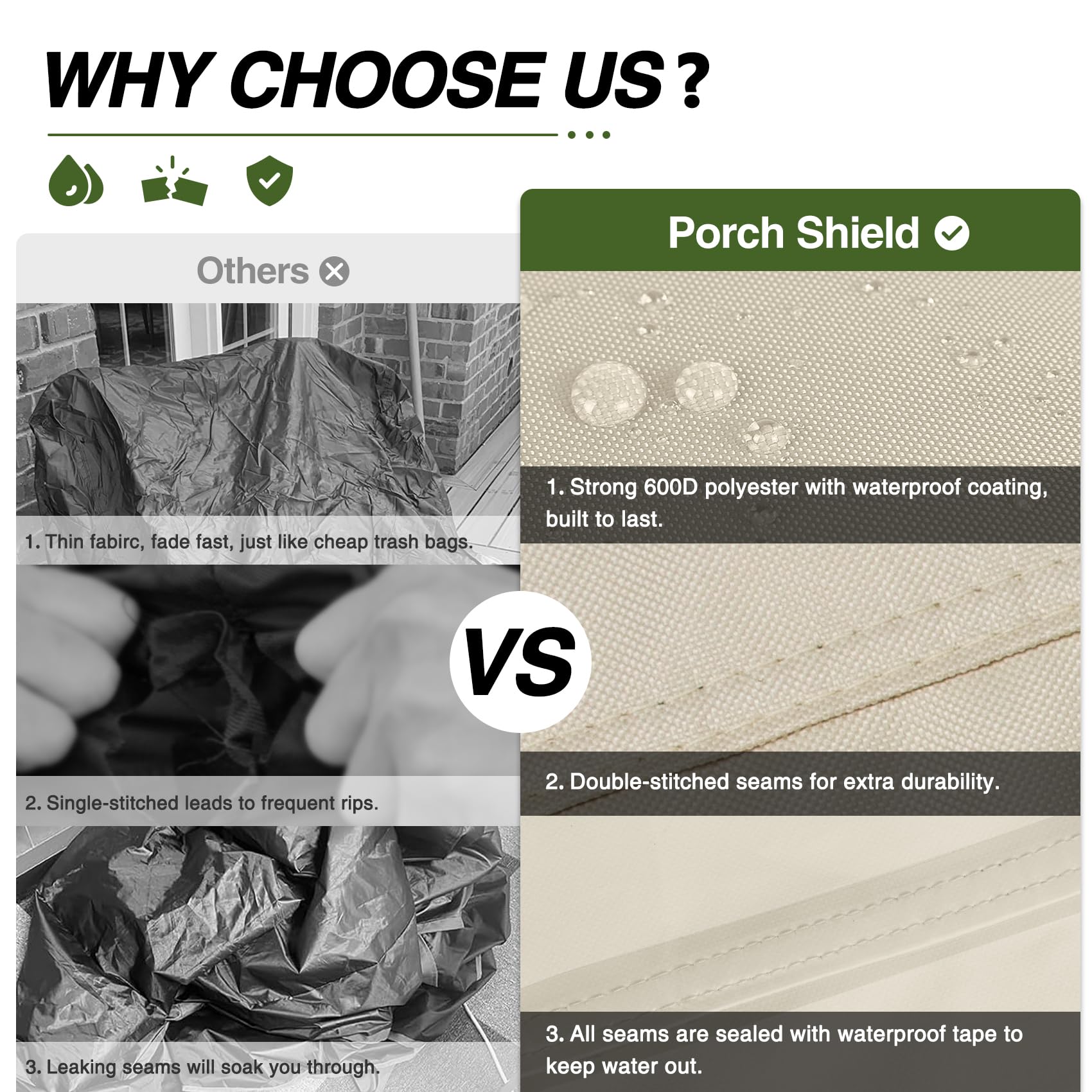 Porch Shield costuras selladas reforzadas previenen filtraciones y desgaste