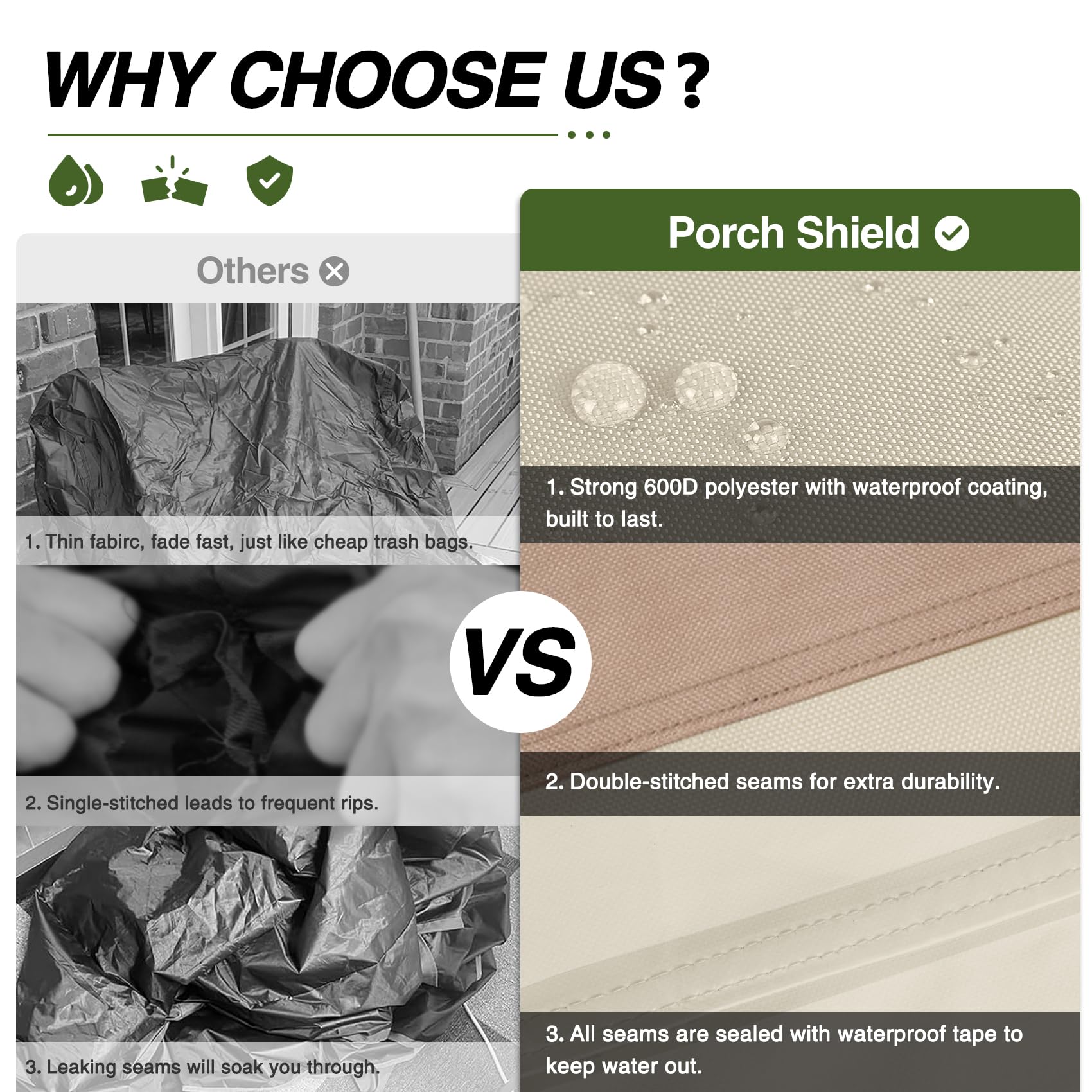 Porch Shield costuras dobles selladas dan mayor impermeabilidad