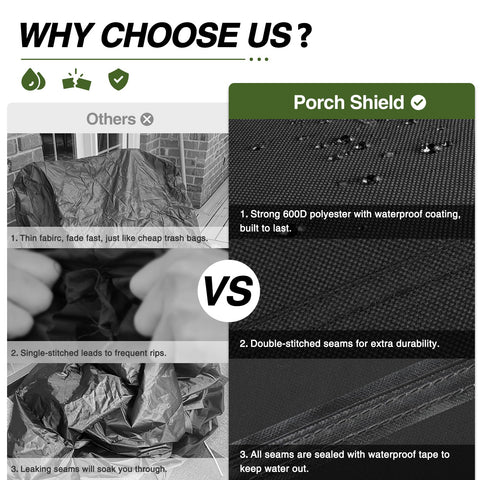 Porch Shield detalle de costuras selladas, solidez para evitar filtraciones