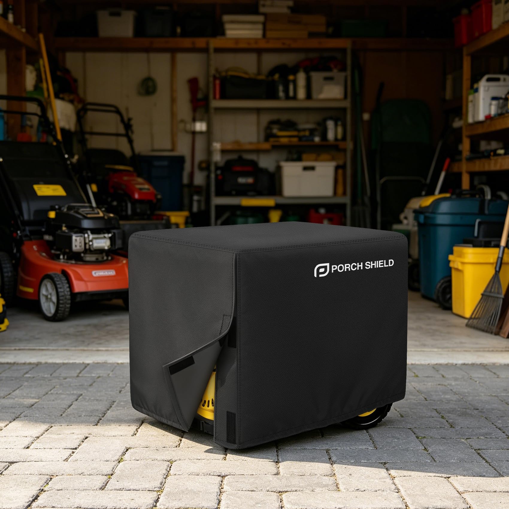 Porch Shield en un porche exterior protegiendo el generador y el entorno