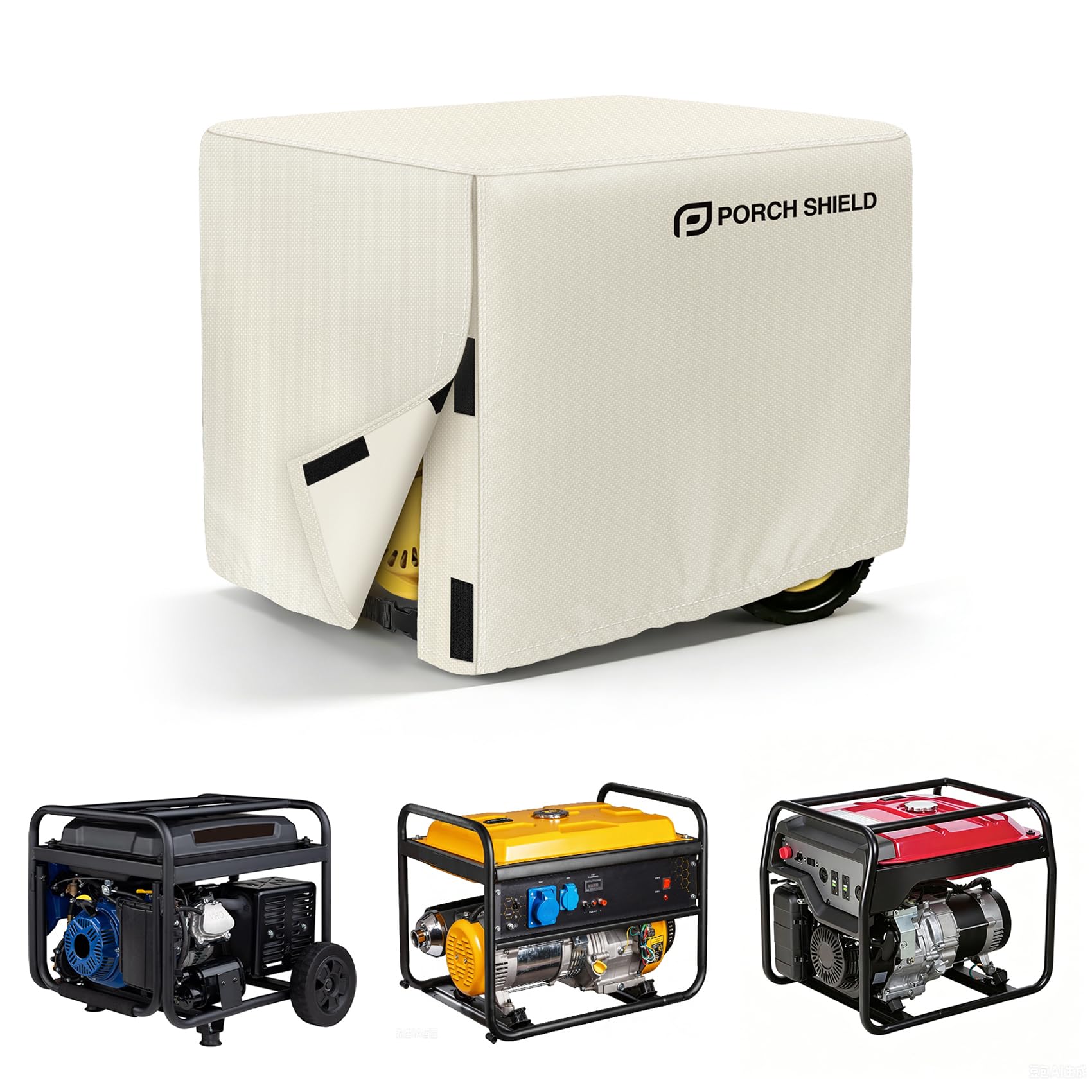 Porch Shield vista frontal de la funda protegiendo un generador, protección completa