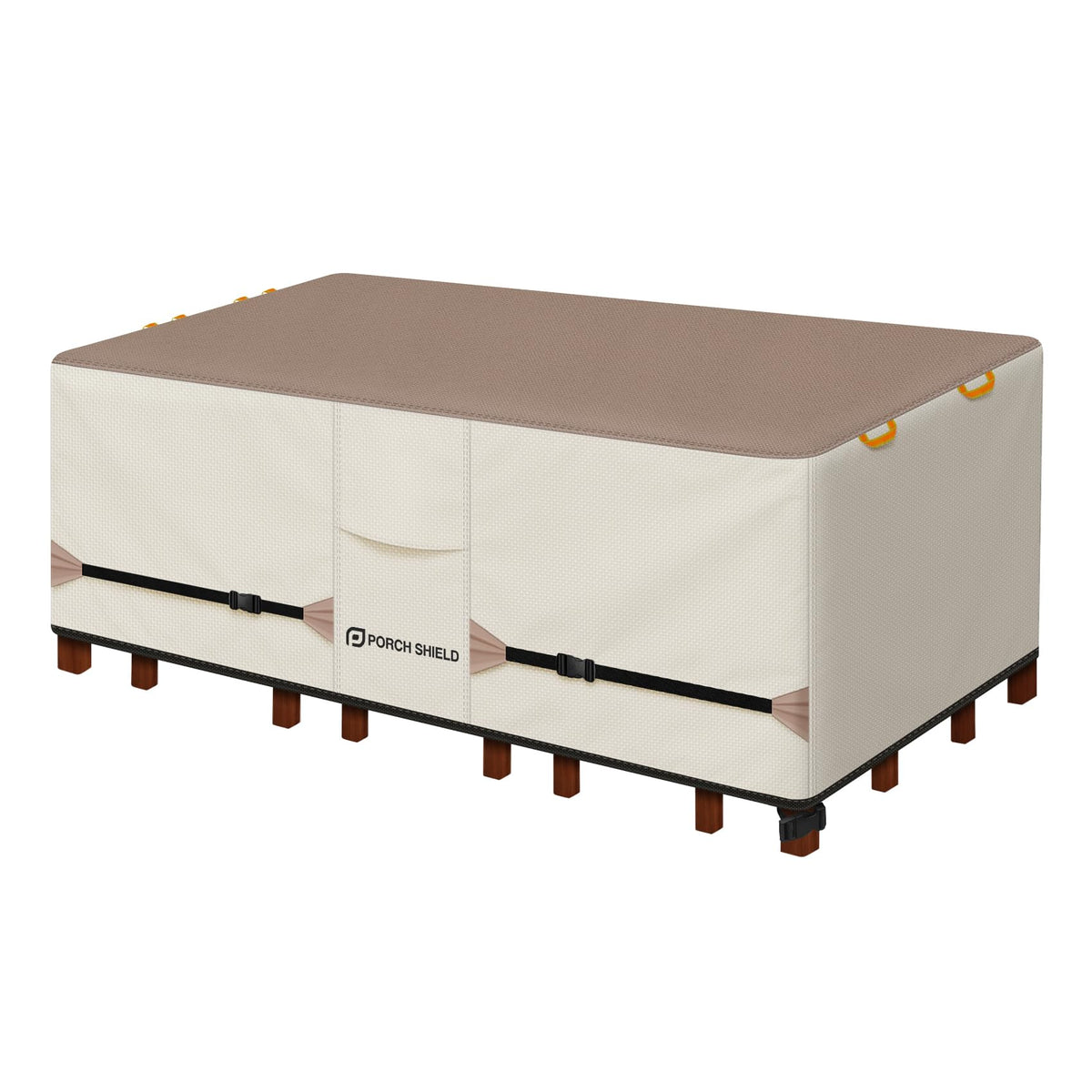Porch Shield vista frontal cubriendo mesa y sillas con protección completa