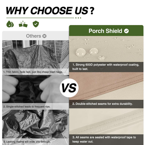 Porch Shield funda colocada en silla de jardín demostrando ajuste y facilidad