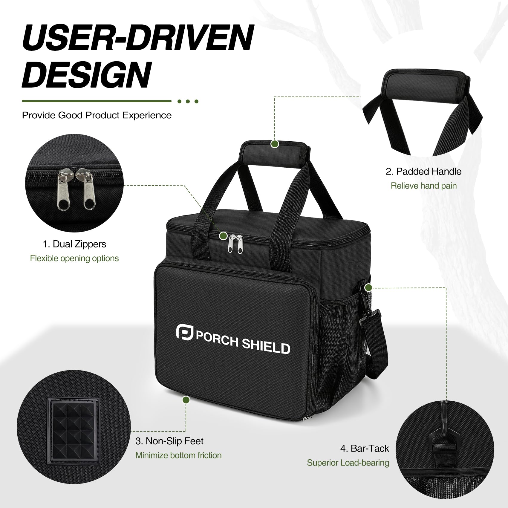 Porch Shield interior acolchado y bolsillo de malla para organizar accesorios