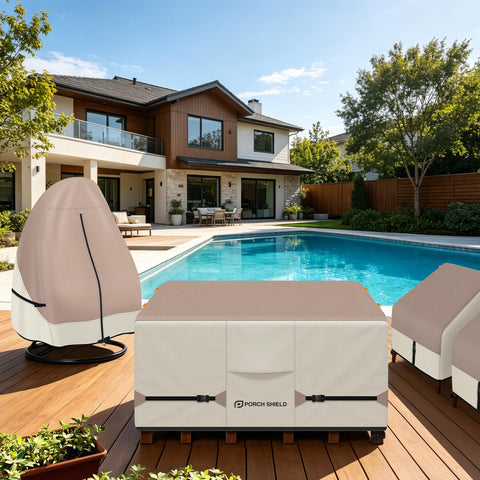 Porch Shield ambiente de terraza con funda beige, aspecto estético y protección