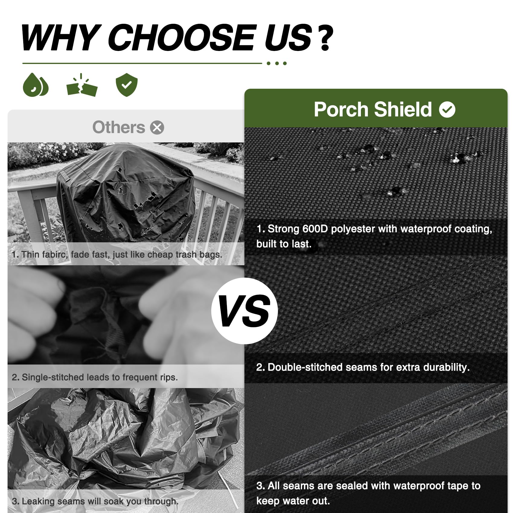 Porch Shield ventilación y costuras selladas previenen humedad y acumulación